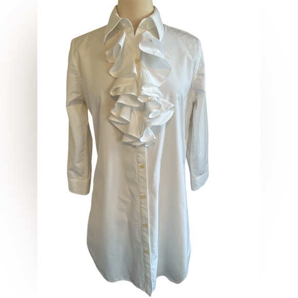 Ralph Lauren Dresses & Skirts - Ralph Lauren White Ruffled Midi Dress with Dress Shirt Collar 3/4 Sleeves Size L